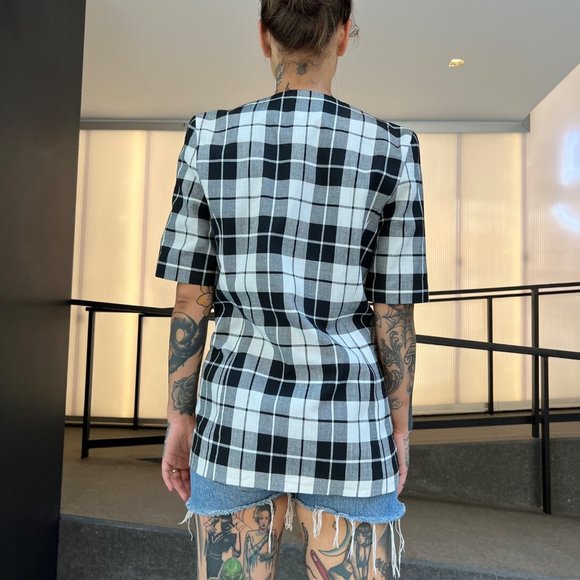 VINTAGE/Women's Long Boxy Short Sleeve Fitted Blazer Plaid Pattern sz 12 - Picture 7 of 16